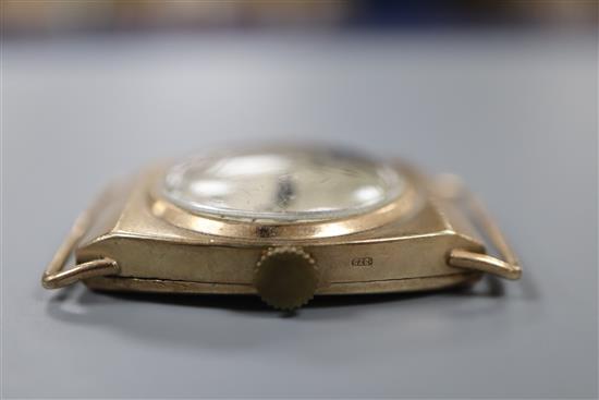 A gentlemans 1930s 9ct gold manual wind wrist watch, no strap.